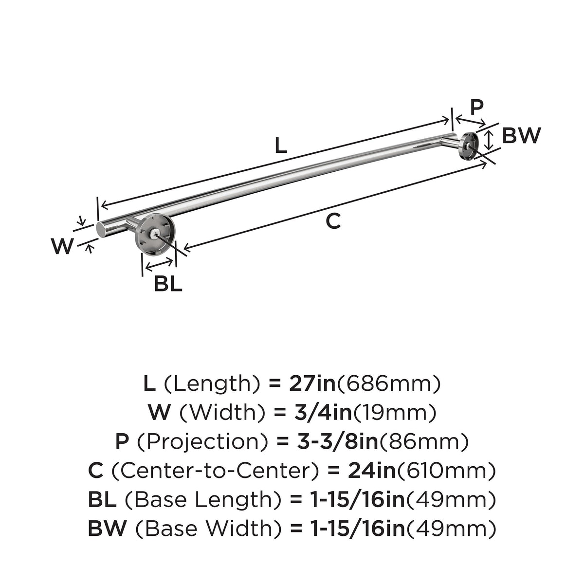 Amerock BH26544PSS Polished Stainless Steel Towel Bar 24 in (610 mm) Towel Rack Arrondi Bathroom Towel Holder Bathroom Hardware Bath Accessories