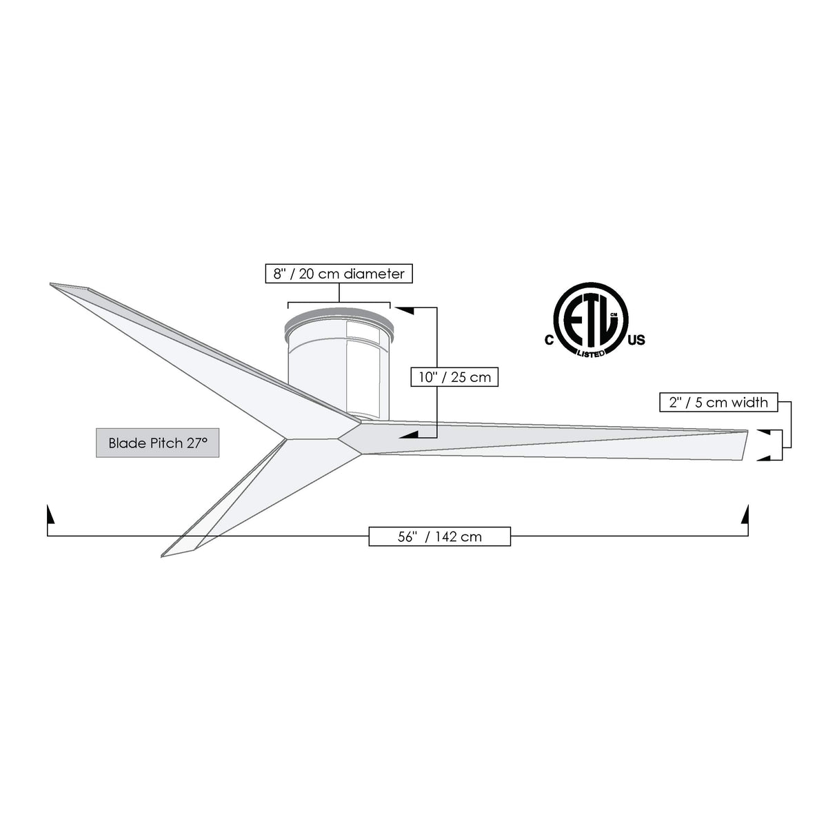 Matthews Fan EKH-BK-WH Eliza-H 3-blade ceiling mount paddle fan in Matte Black finish with gloss white ABS blades.