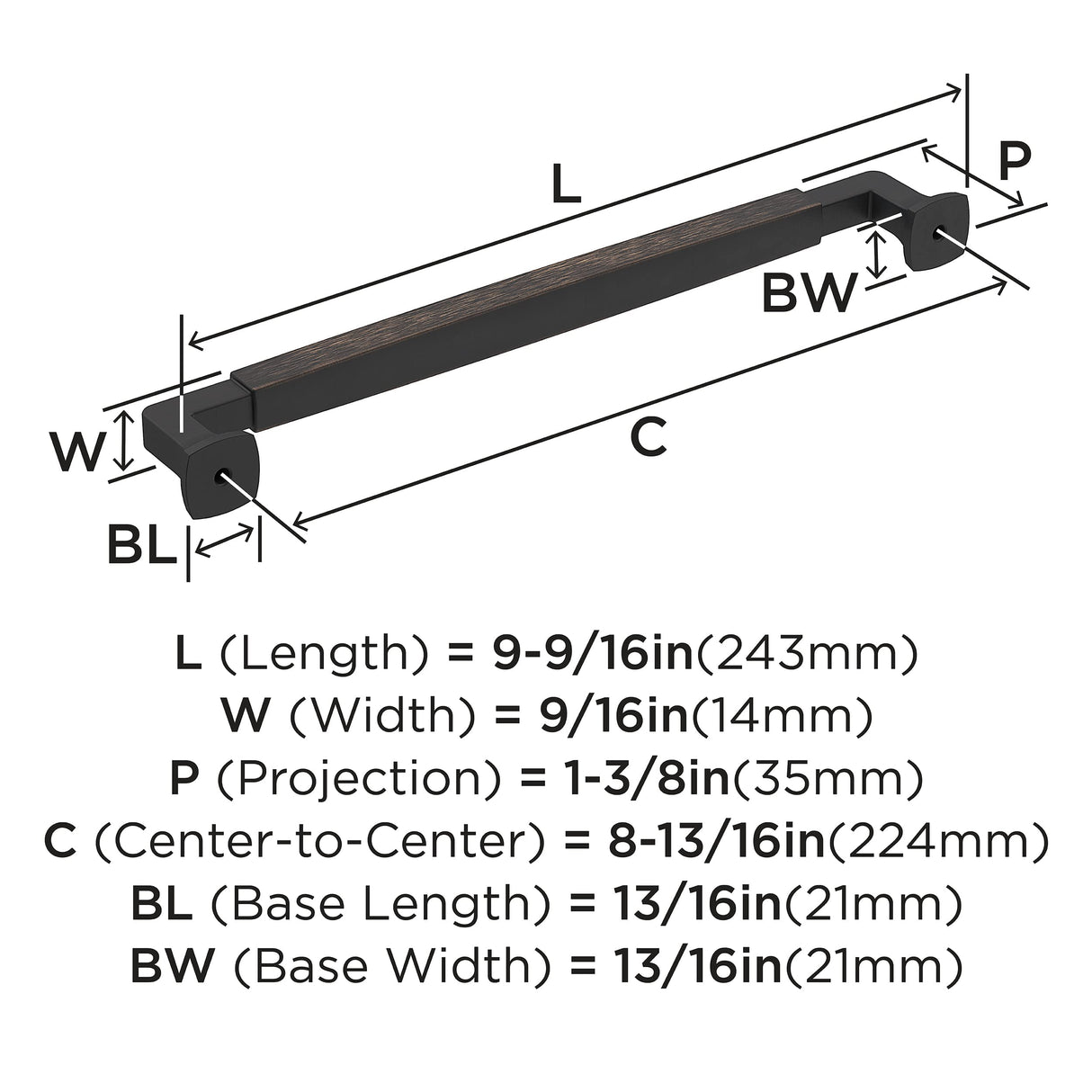Amerock Cabinet Pull Oil Rubbed Bronze 8-13/16 inch (224 mm) Center-to-Center Stature 1 Pack Drawer Pull Cabinet Handle Cabinet Hardware