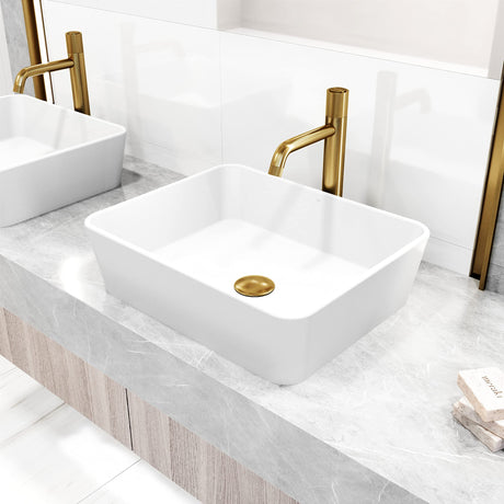 VIGO VGT2048 14.38" L -17.75" W -5.0" H Matte Stone Marigold Composite Rectangular Vessel Bathroom Sink in White with Faucet and Pop-Up Drain in Matte Gold