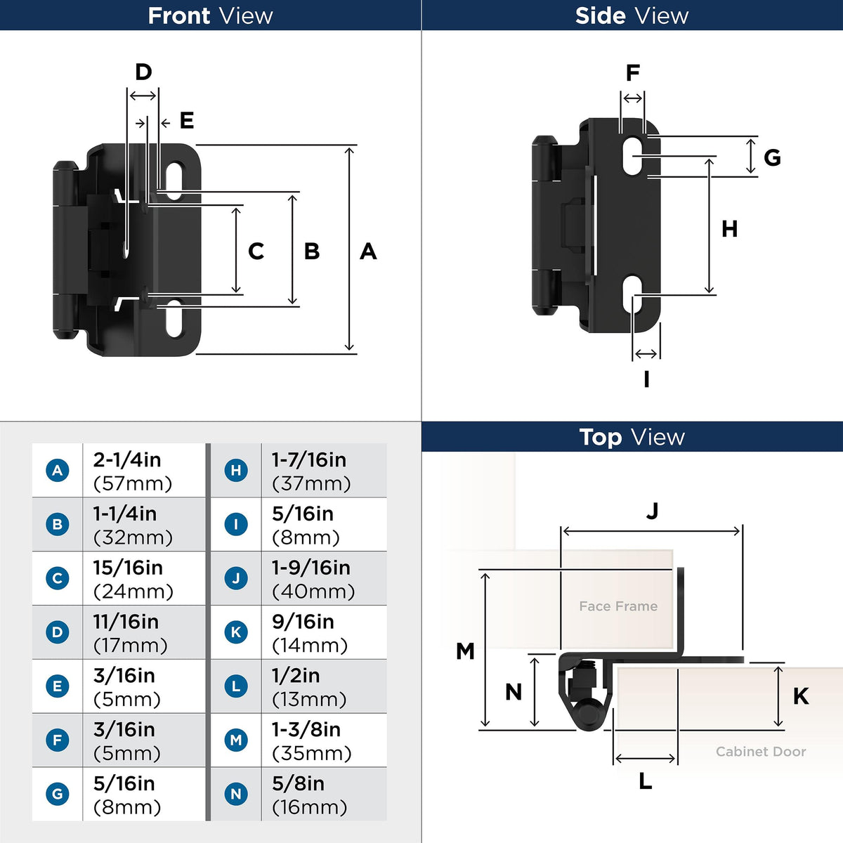 Amerock Cabinet Hinge 1/2 inch (13 mm) Overlay Hinge Matte Black 2 Pack Self-Closing Hinge Partial Wrap Hinge Cabinet Door Hinge