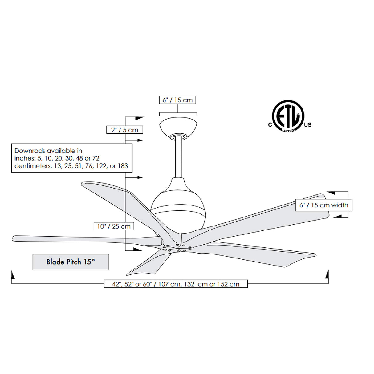 Matthews Fan IR5-BK-MWH-60 Irene-5 five-blade paddle fan in Matte Black finish with 60" solid matte white wood blades.