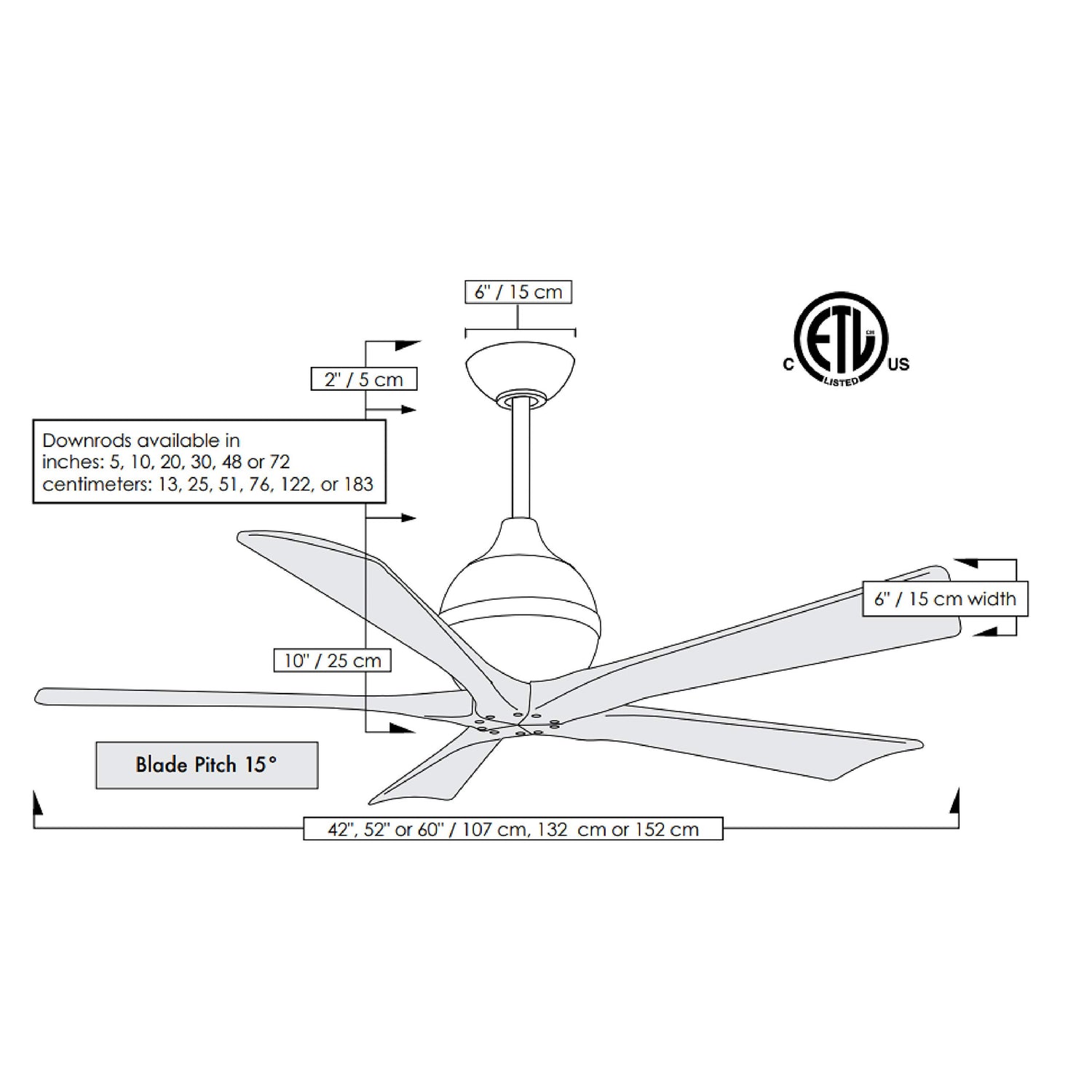 Matthews Fan IR5-BK-MWH-60 Irene-5 five-blade paddle fan in Matte Black finish with 60" solid matte white wood blades.