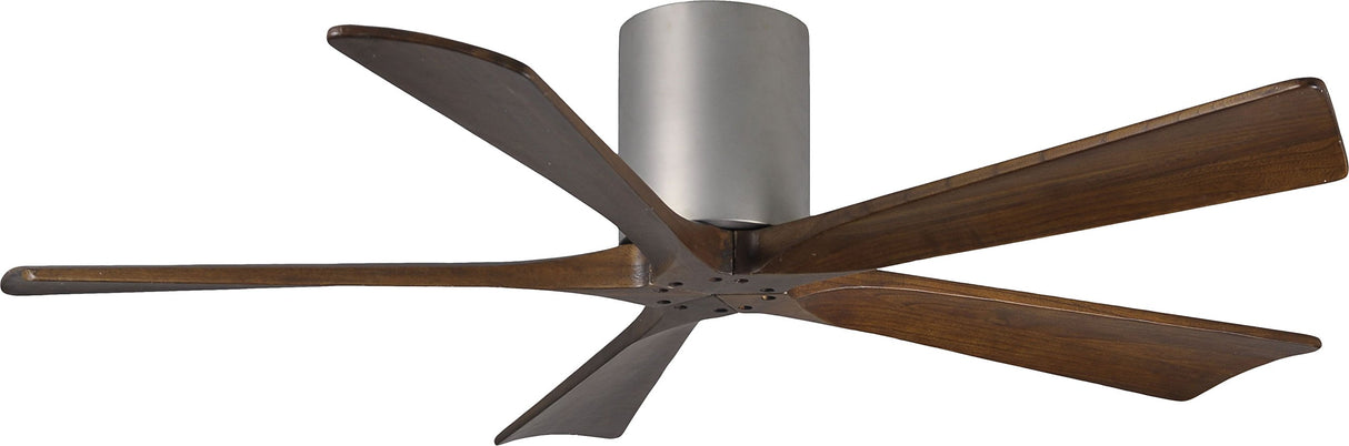 Matthews Fan IR5H-BN-WA-52 Irene-5H five-blade flush mount paddle fan in Brushed Nickel finish with 52” solid walnut tone blades. 