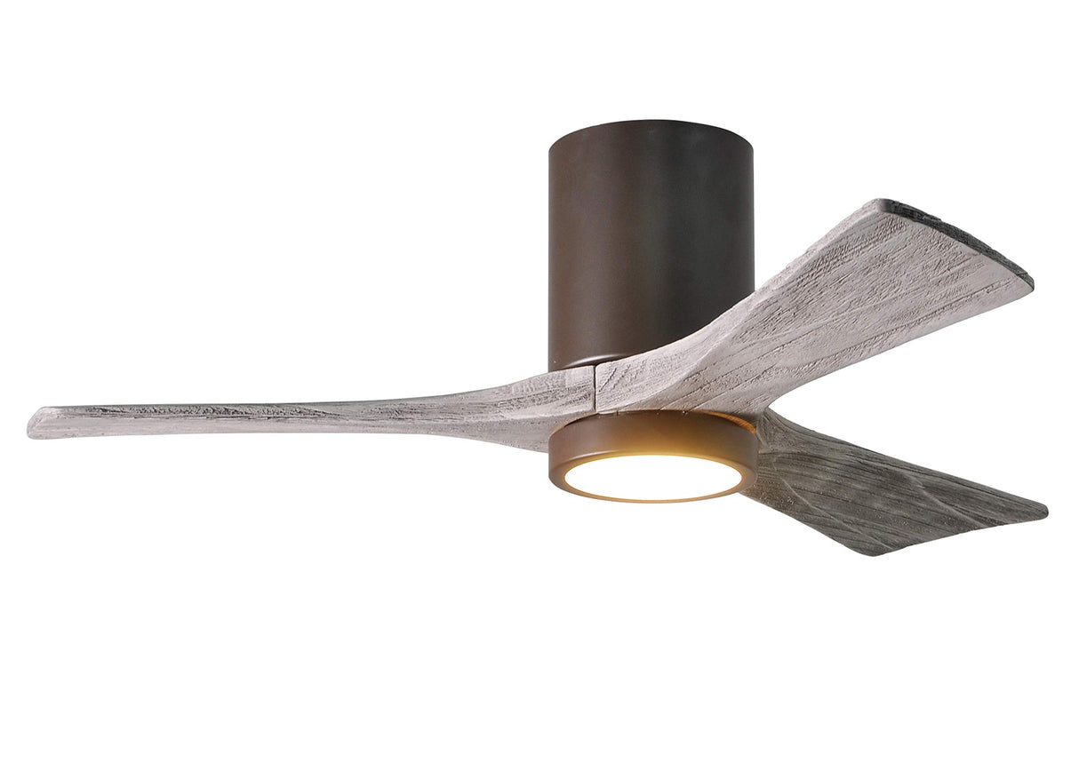 Matthews Fan IR3HLK-TB-BW-42 Irene-3HLK three-blade flush mount paddle fan in Textured Bronze finish with 42” solid barn wood tone blades and integrated LED light kit.