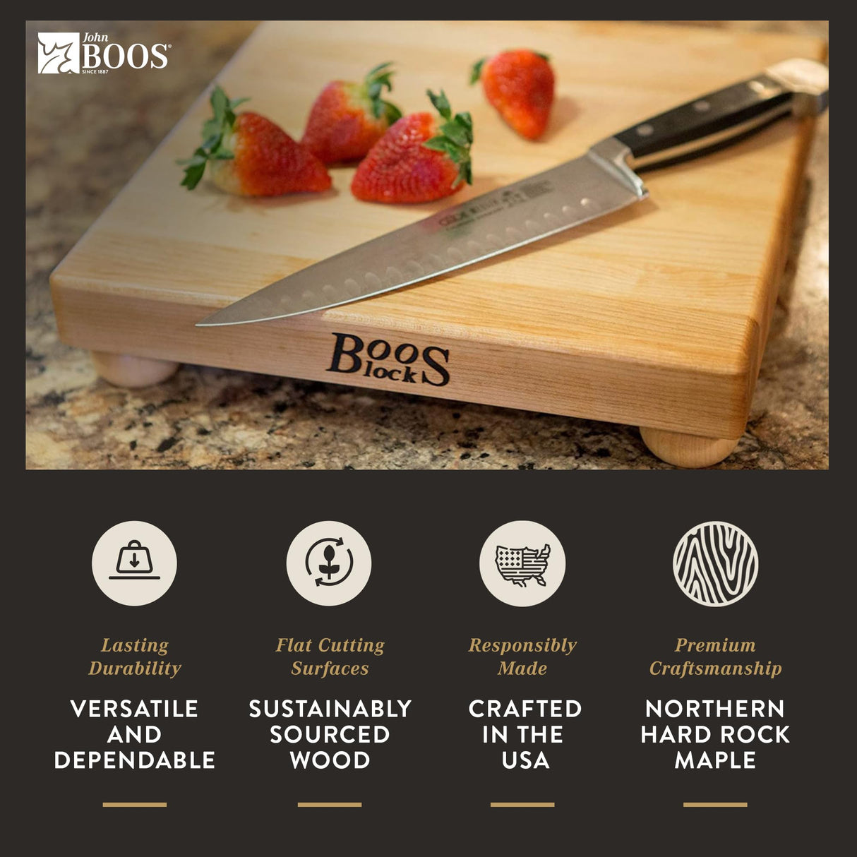 John Boos B12S Small Maple Cutting Board for Kitchen Prep 12 x Inches, 1.5 Inches Thick Edge Grain Square Charcuterie Block with Wooden Bun Feet 12X12X1.5 MPL-EDGE GR-MPL BUN FT