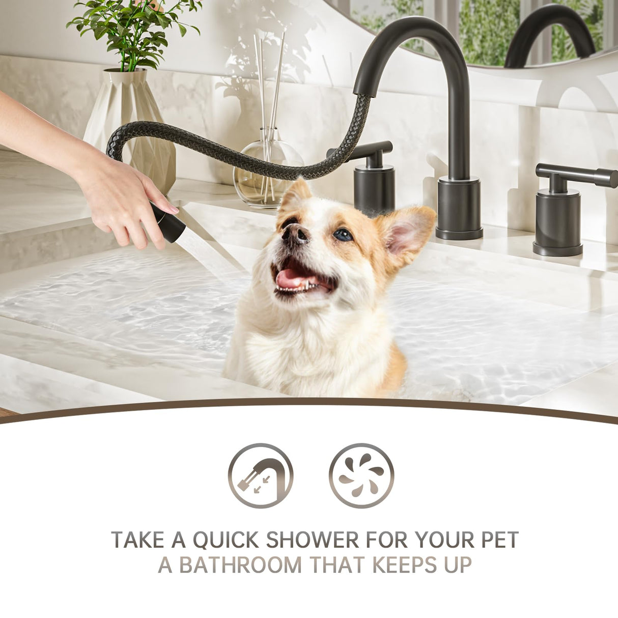 8-Inch Three-Hole Bathroom Faucet with Pull-Down Sprayer, Widespread Design, Metal Pop-Up Drain, Water Supply Lines, and Two Handles