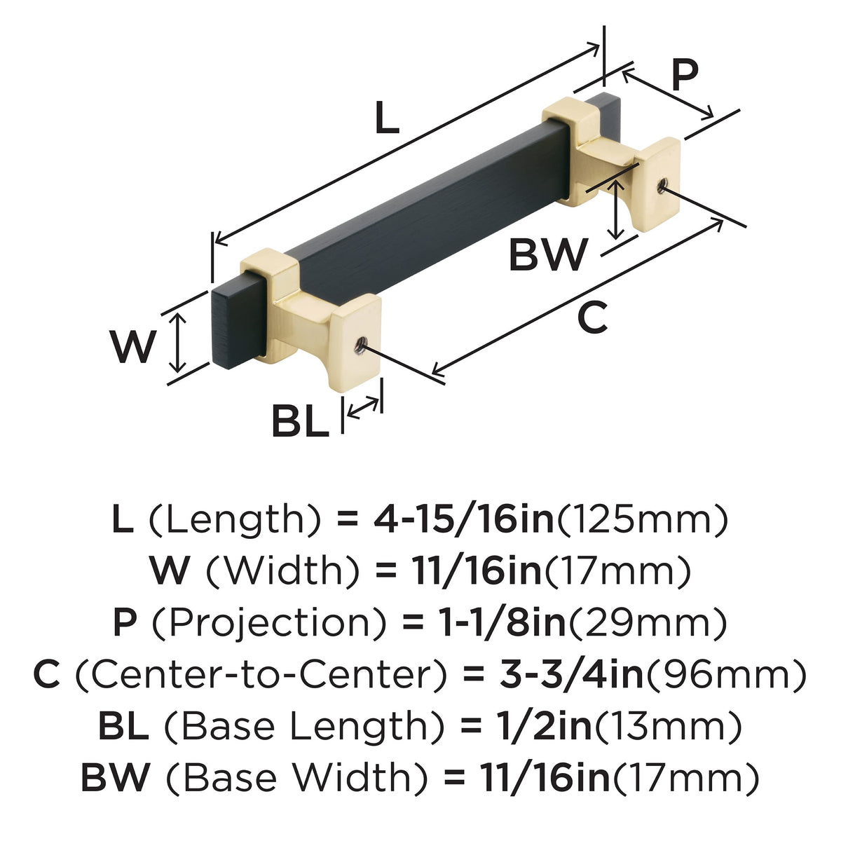 Amerock Cabinet Pull Brushed Matte Black/Brushed Gold 3-3/4 inch (96 mm) Center to Center Overton 1 Pack Drawer Pull Drawer Handle Cabinet Hardware