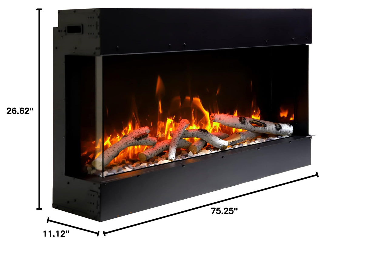 Amantii 72-TRV-SLIM Trv View Slim Smart Electric - 72" Indoor / Outdoor WiFi Enabled 3 Sided Fireplace Featuring a depth of 10 5/8", MultiFunction Remote Control, Multi Speed Flame Motor, and a 10 piece Birch Log Set