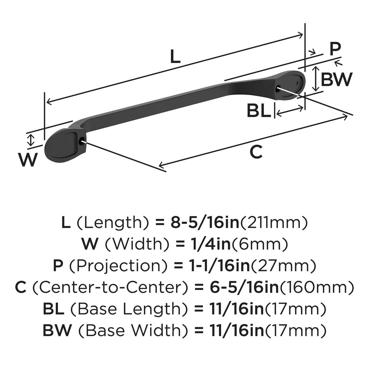 Amerock BP21938FB Matte Black Cabinet Pull 6-5/16 inch (160mm) Center-to-Center Cabinet Hardware Ravino Furniture Hardware Drawer Pull