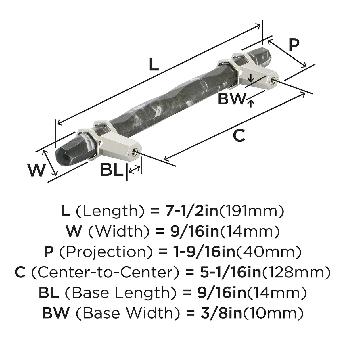Amerock BP36649MBKPN Carrione Cabinet Pull, 5-1/16 in (128 mm) Center-to-Center, Marble Black/Polished Nickel