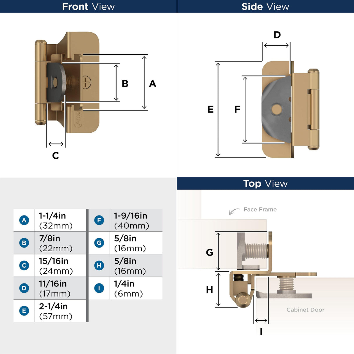 Amerock BPR8701CZ Cabinet Hinge 1/4 in (6 mm) Overlay Double Demountable Champagne Bronze Kitchen Cabinet Door Hinge 1 Pair/2 Pack Functional Hardware