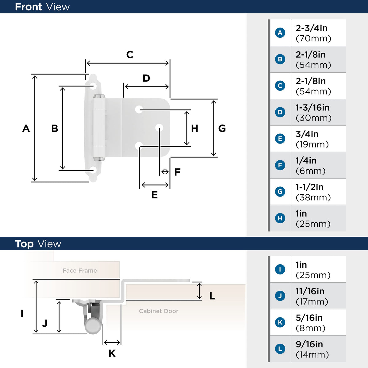 Amerock BPR7128W Self-Closing, Face Mount Hinge with 3/8in(10mm) Inset - White - 2 Pack