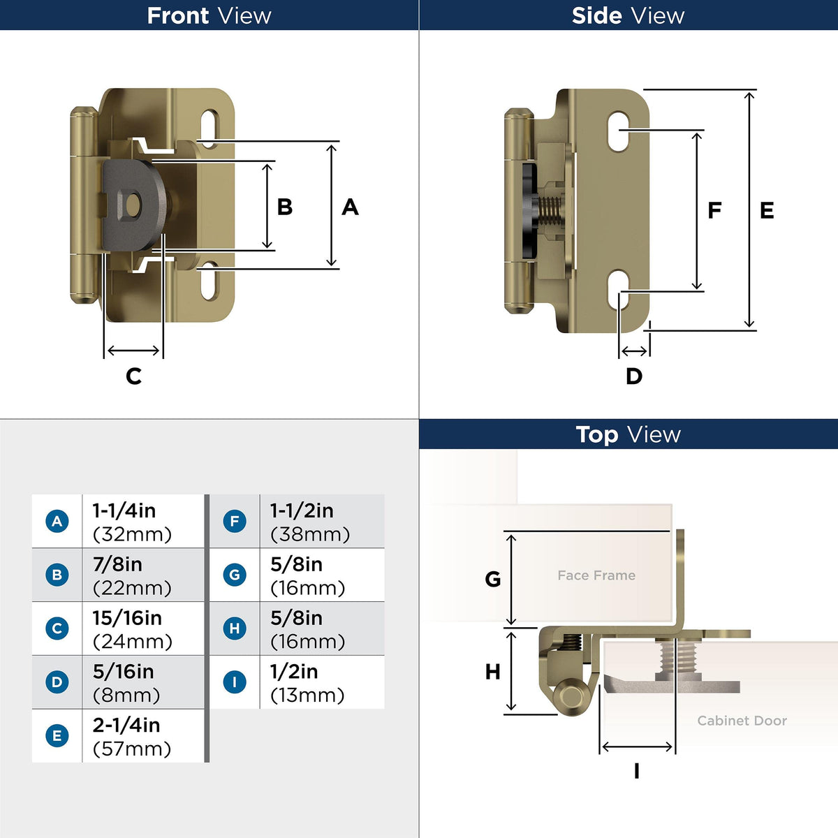 Amerock BPR8719BBZ Cabinet Hinge 1/2 in (13 mm) Overlay Single Demountable Partial Wrap Golden Champagne Kitchen Cabinet Door Hinge 1 Pair/2 Pack Functional Hardware