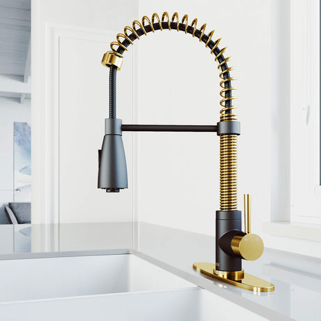 VIGO VG02003MGMBK1 19" H Brant Single-Handle with Pull-Down Sprayer Kitchen Faucet in Matte Gold/Matte Black with Deck Plate