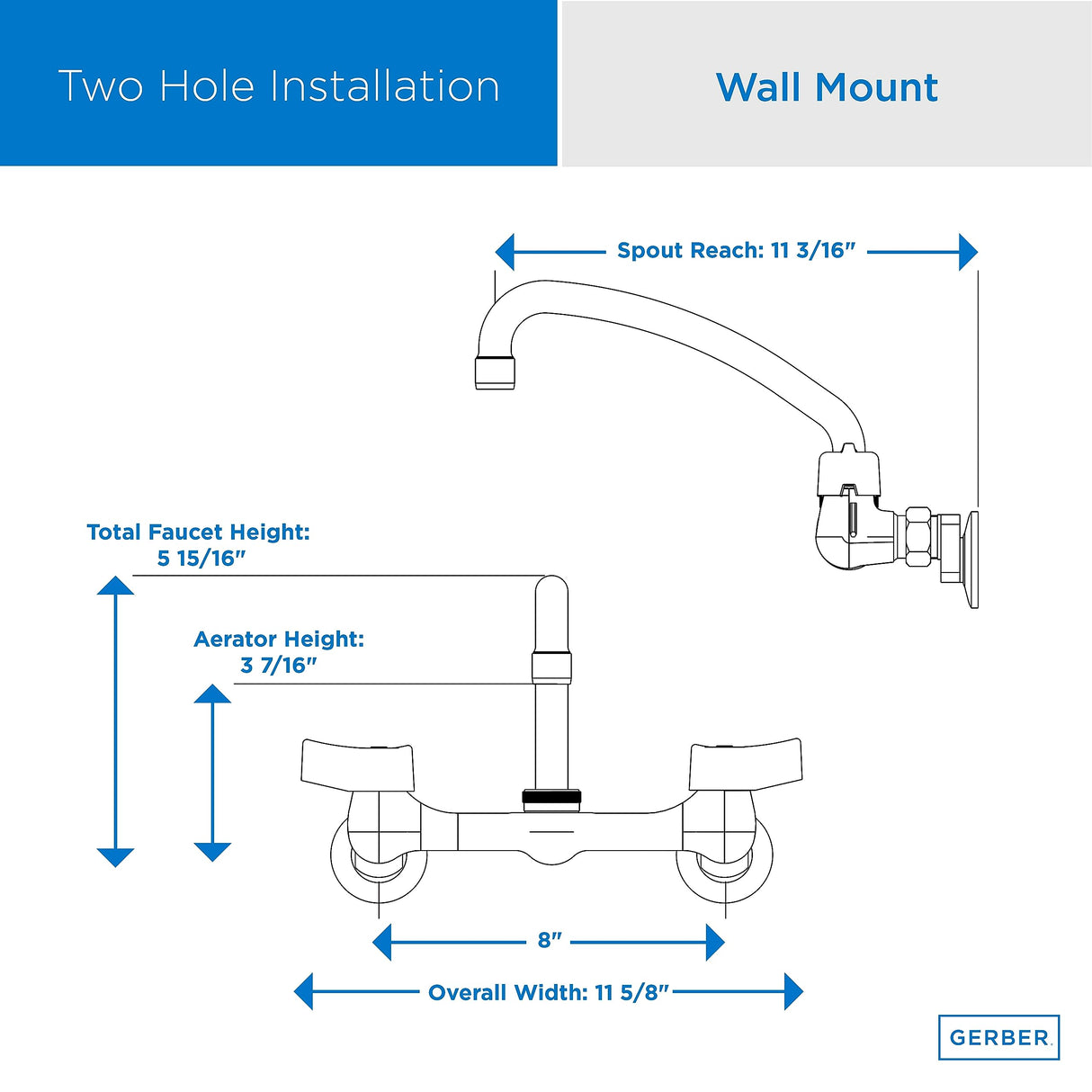 Gerber G0042690 Chrome Classics Two Handle Wall Mount Kitchen Faucet W/ 8" S...