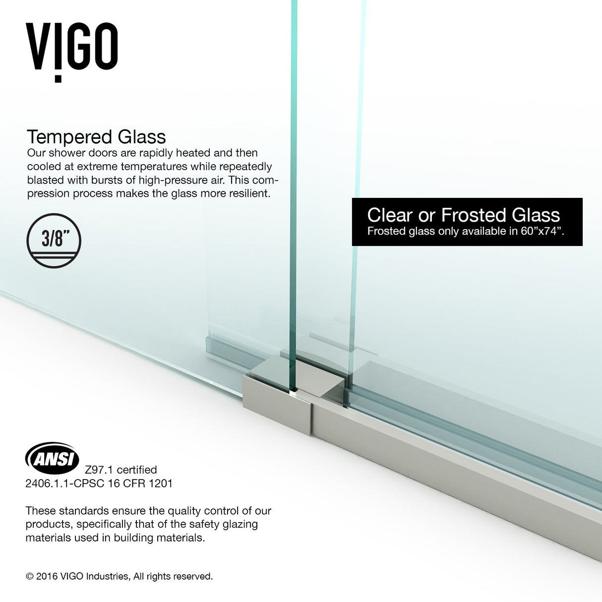 VIGO Adjustable 56 - 60 in. W x 66 in. H Frameless Sliding Rectangle Tub Door with Clear Tempered Glass and Stainless Steel Hardware in Stainless Steel Finish with Reversible Handle - VG6041STCL6066