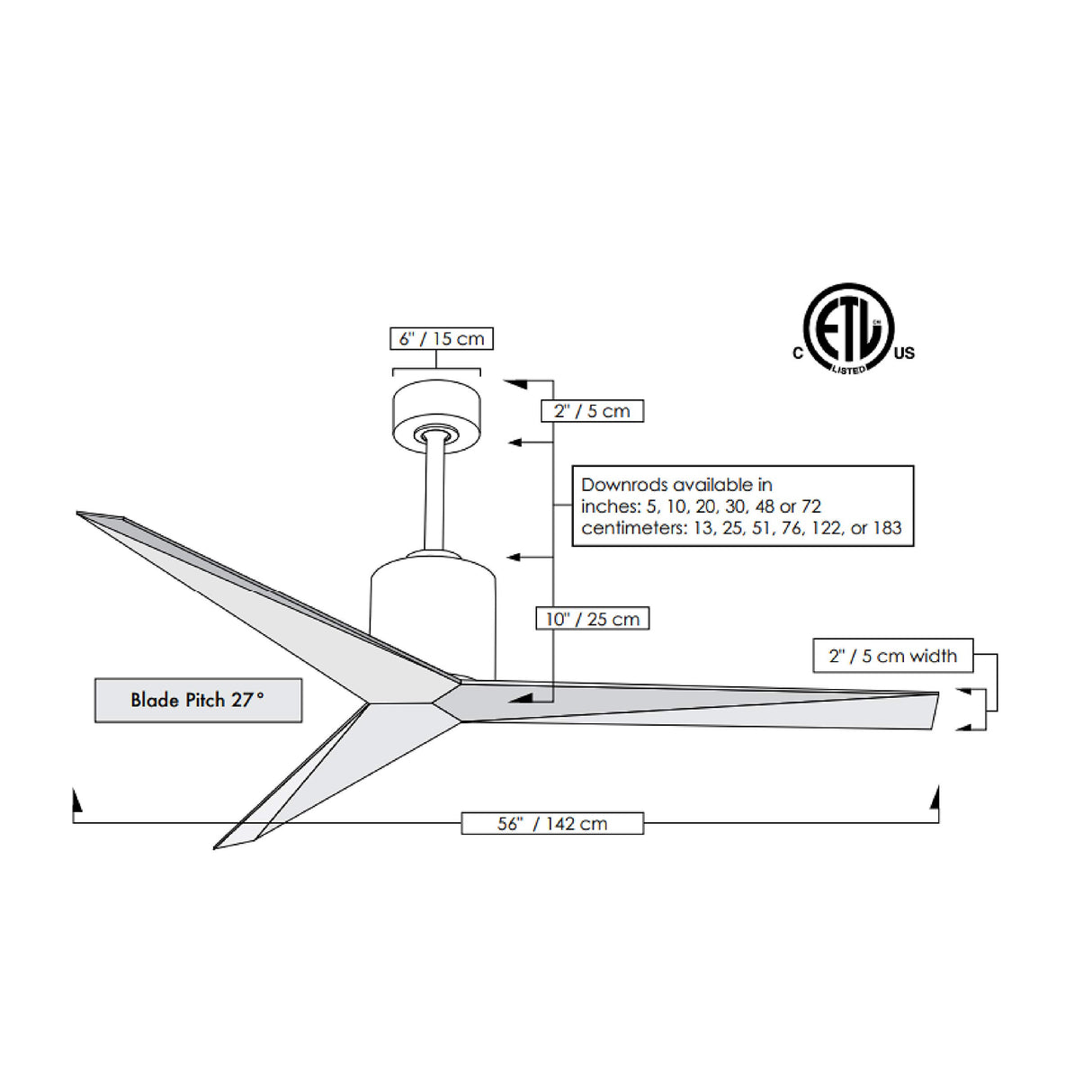 Matthews Fan EK-BK-BN Eliza 3-blade paddle fan in Matte Black finish with brushed nickel all-weather ABS blades. Optimized for wet locations.