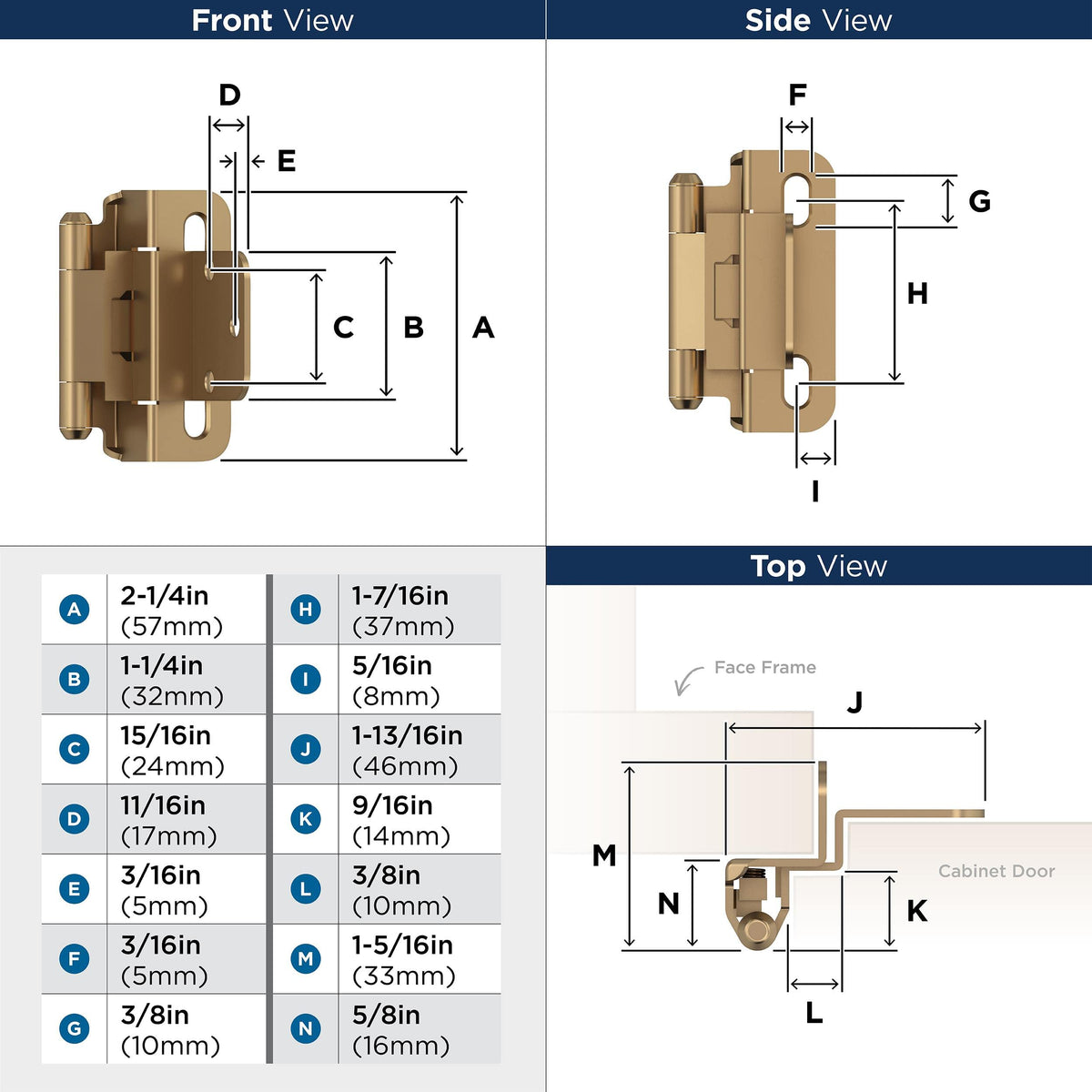 Amerock BPR7565CZ Cabinet Hinge 3/8 in (10 mm) Inset Self Closing Partial Wrap Champagne Bronze Kitchen Cabinet Door Hinge 1 Pair Functional Hardware