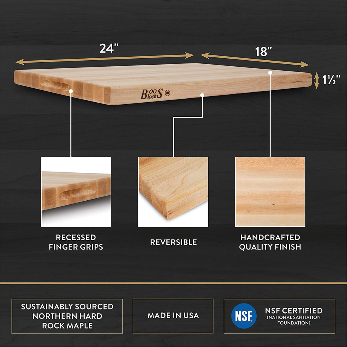 John Boos R02 Large Maple Wood Cutting Board for Kitchen Prep, Rectangular Charcuterie, 24" x 18" 1.5" 1.5 Inch Thick, Edge Grain, Reversible Block 24X18X1.5 MPL-EDGE GR-REV-