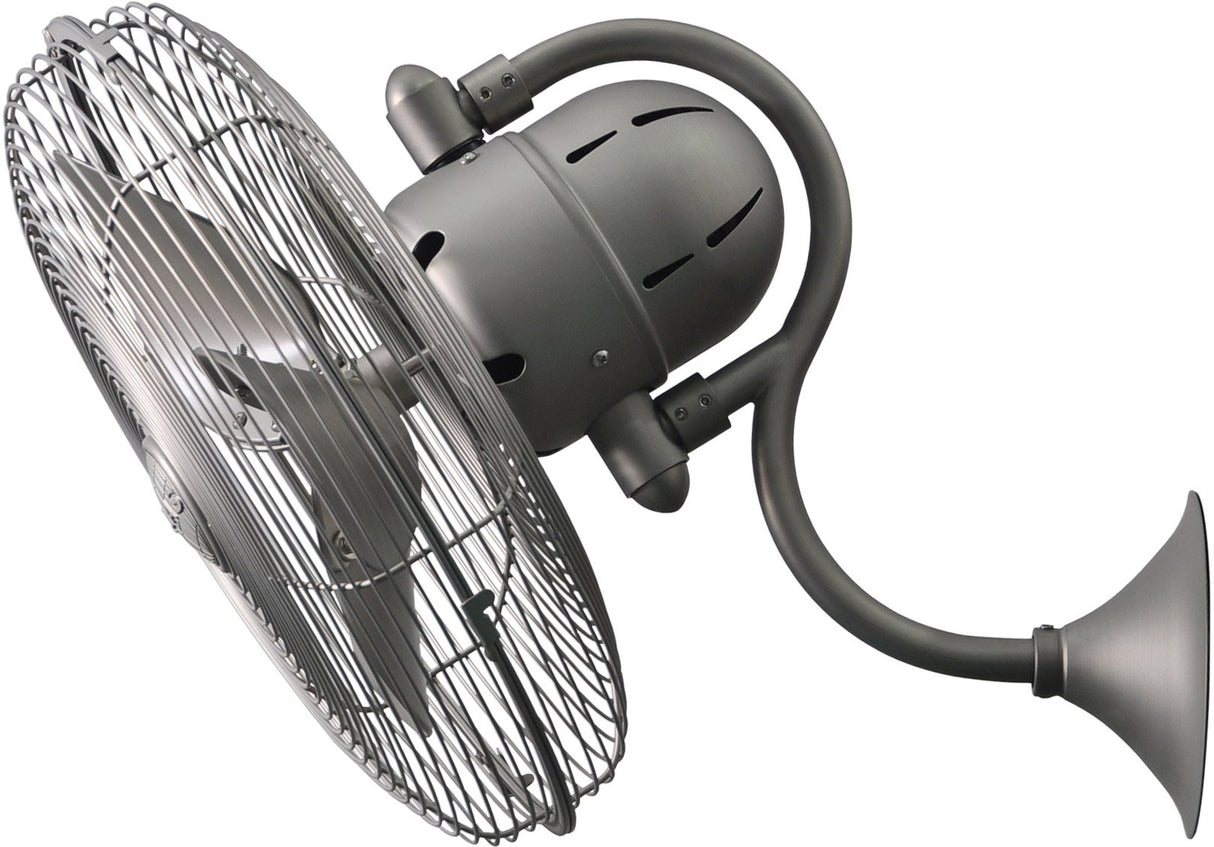 Matthews Fan LL-BN Laura 90° oscillating 3-speed wall fan in brushed nickel finish.