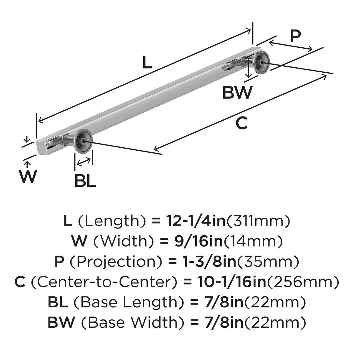 Amerock Corp BP3710926 Everett Pull, 10-1/16 in (256 mm) Center-to-Center, Polished Chrome