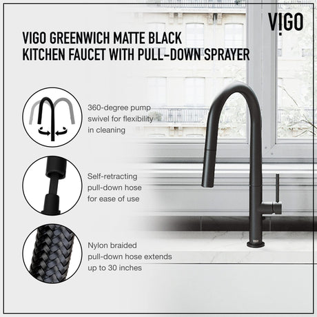 VIGO VG02029MB 18" H Greenwich Single-Handle with Pull-Down Sprayer Kitchen Faucet in Matte Black