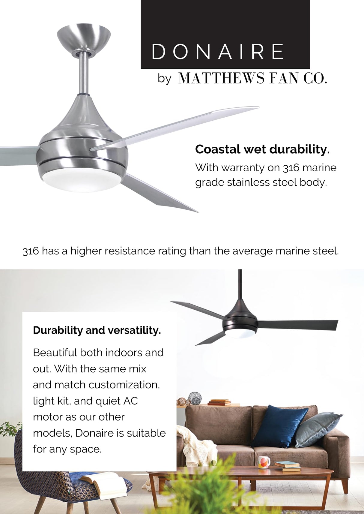 Matthews Fan DA-BS-BB Donaire wet location 3-Blade paddle fan constructed of 316 Marine Grade Stainless Steel