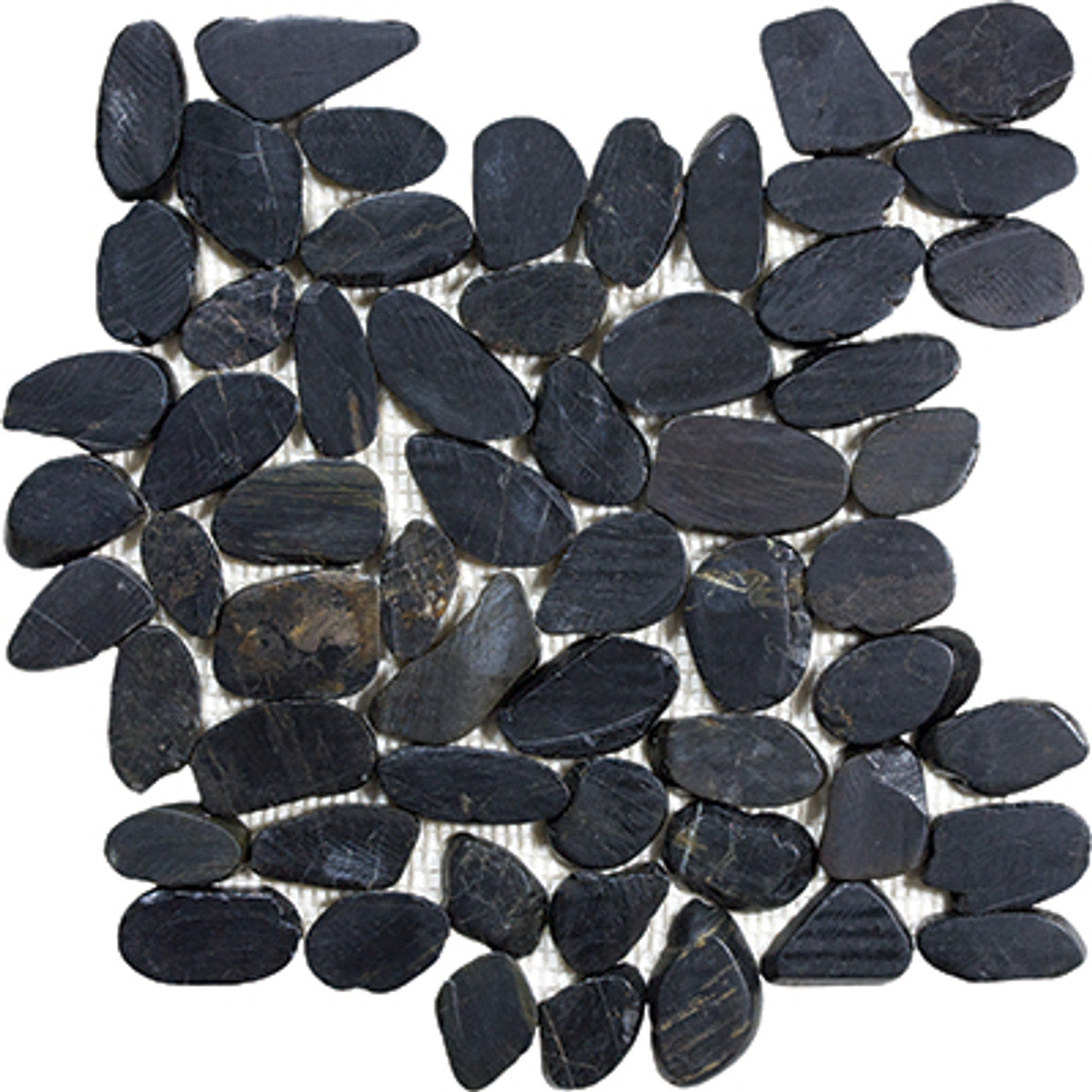 Anatolia Tile Zen Tahitian Black Sand Flat Polished Pebble Mosaics. 1 Sheet = 1 Sq. Ft. 5001-0235-0 (76-356) Tahitian Black Sand Flat Pebble - premium natural stone mosaic tile from Anatolia Tile, available at PoshHaus showroom in Keene, NH