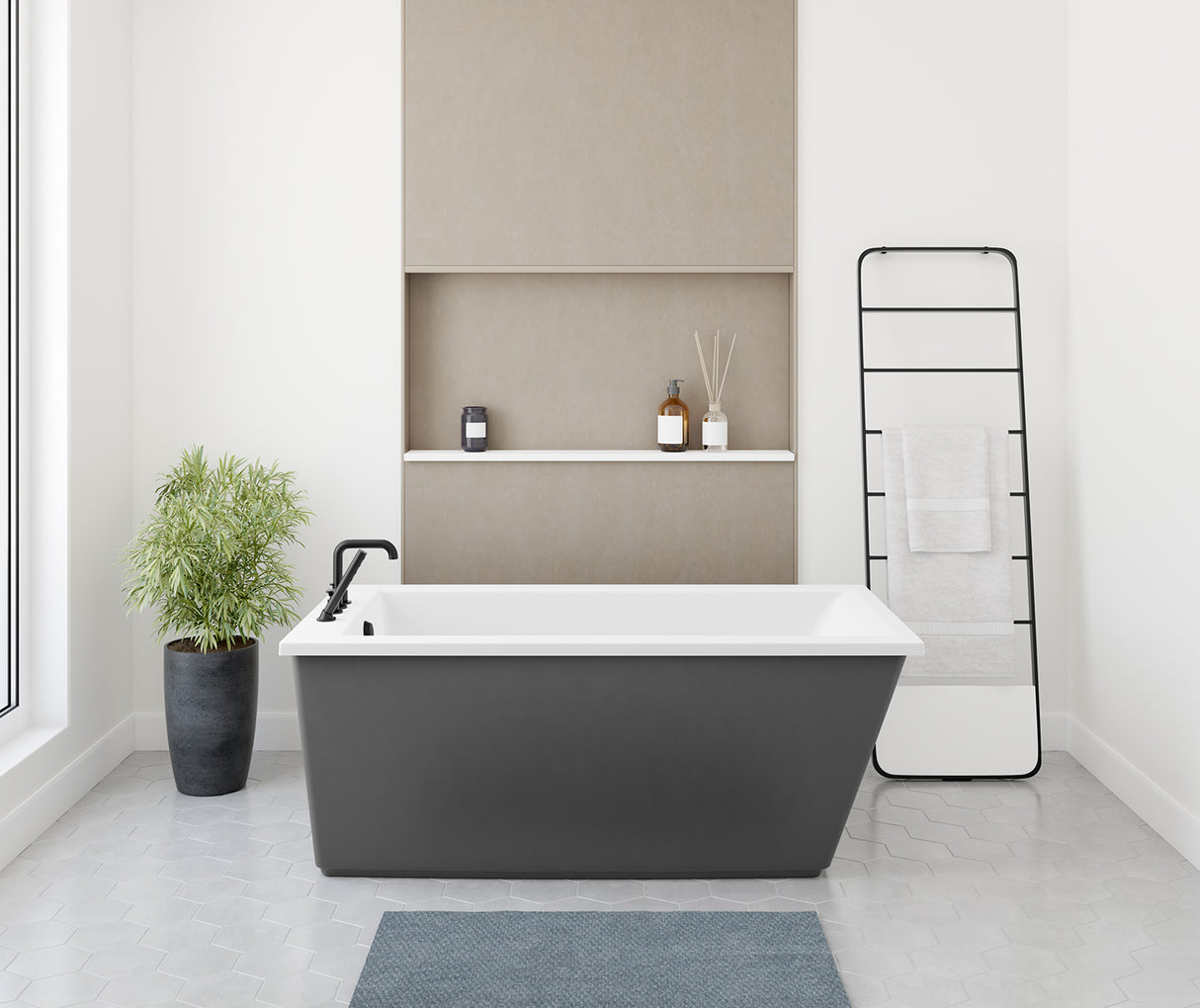 MAAX 106426-000-002-107 Elinor 6032 AcrylX Freestanding End Drain Bathtub in White with Thundey Grey Skirt