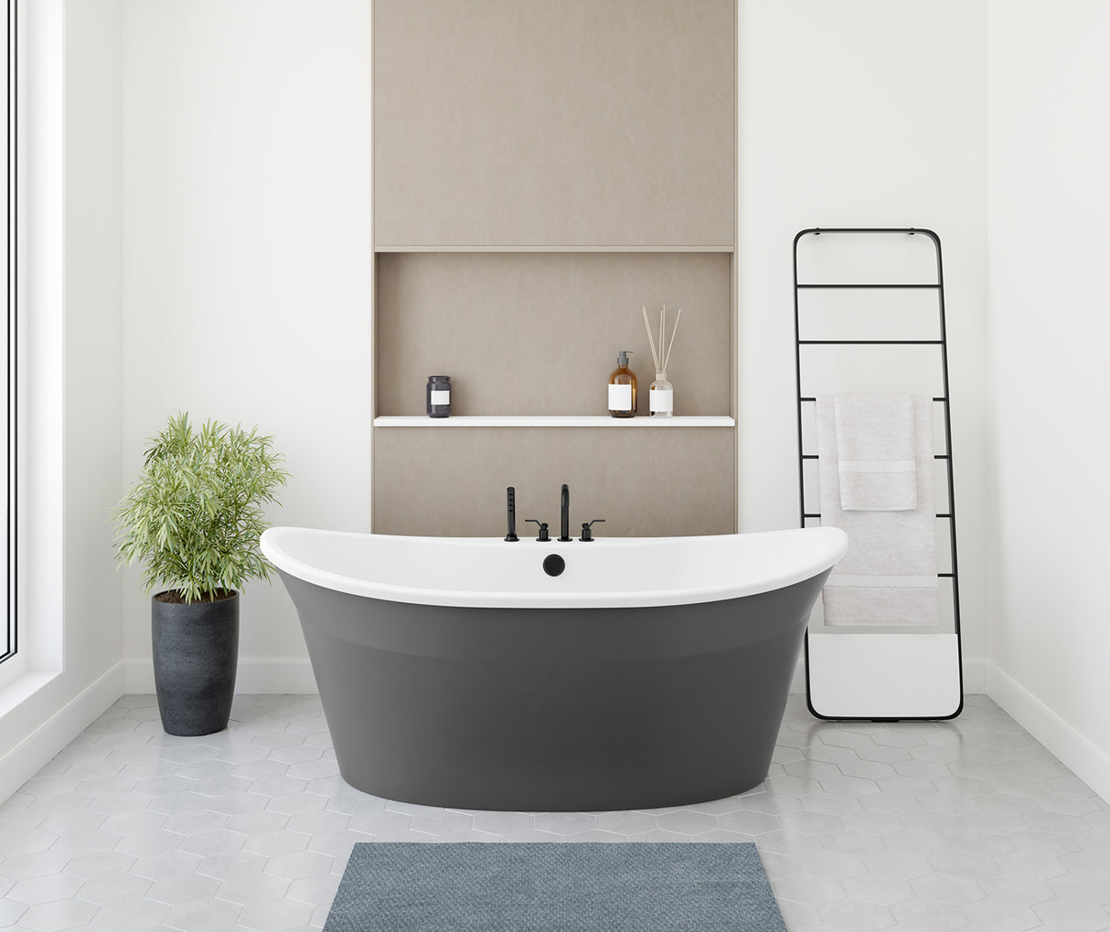 MAAX 106151-000-002-129 Orchestra 6636 AcrylX Freestanding Center Drain Bathtub in White with Thundey Grey Skirt