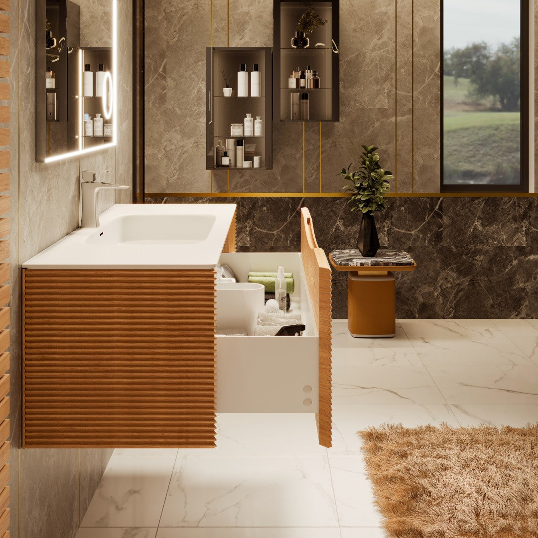 Leah 39 in. Medium Oak Wall Mount Single Sink Bath Vanity with Solid Surface Top and Integrated Sink