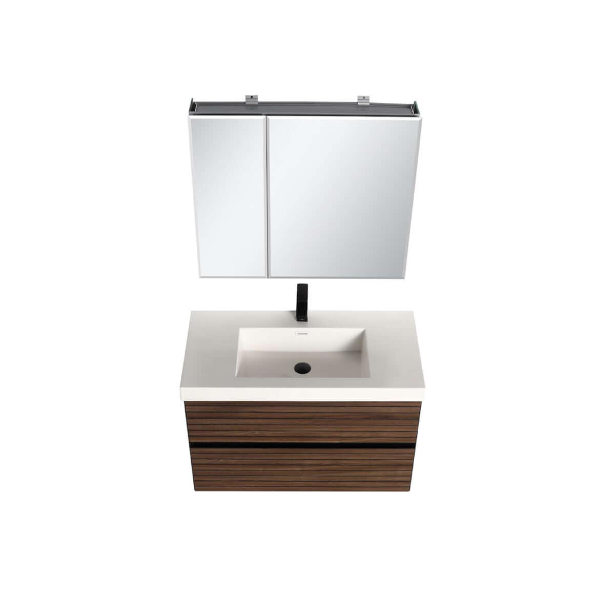 Blossom Annecy 36″ Wall-Hung Vanity - Modern Minimalist Design with Soft-Closing Drawers in Dark Walnut and Maple