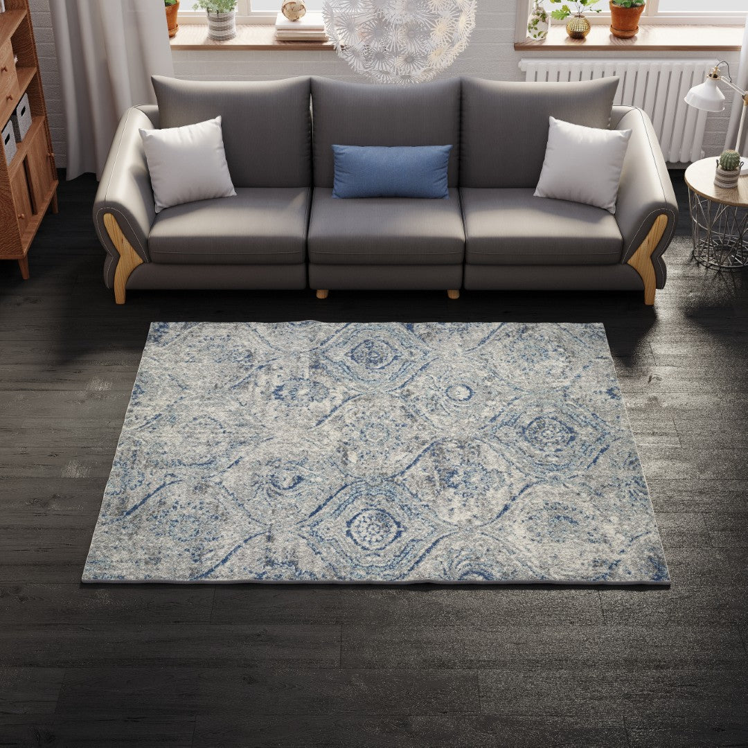Eviva Loops 3' x 5' Damask Blue/Cream Rug
