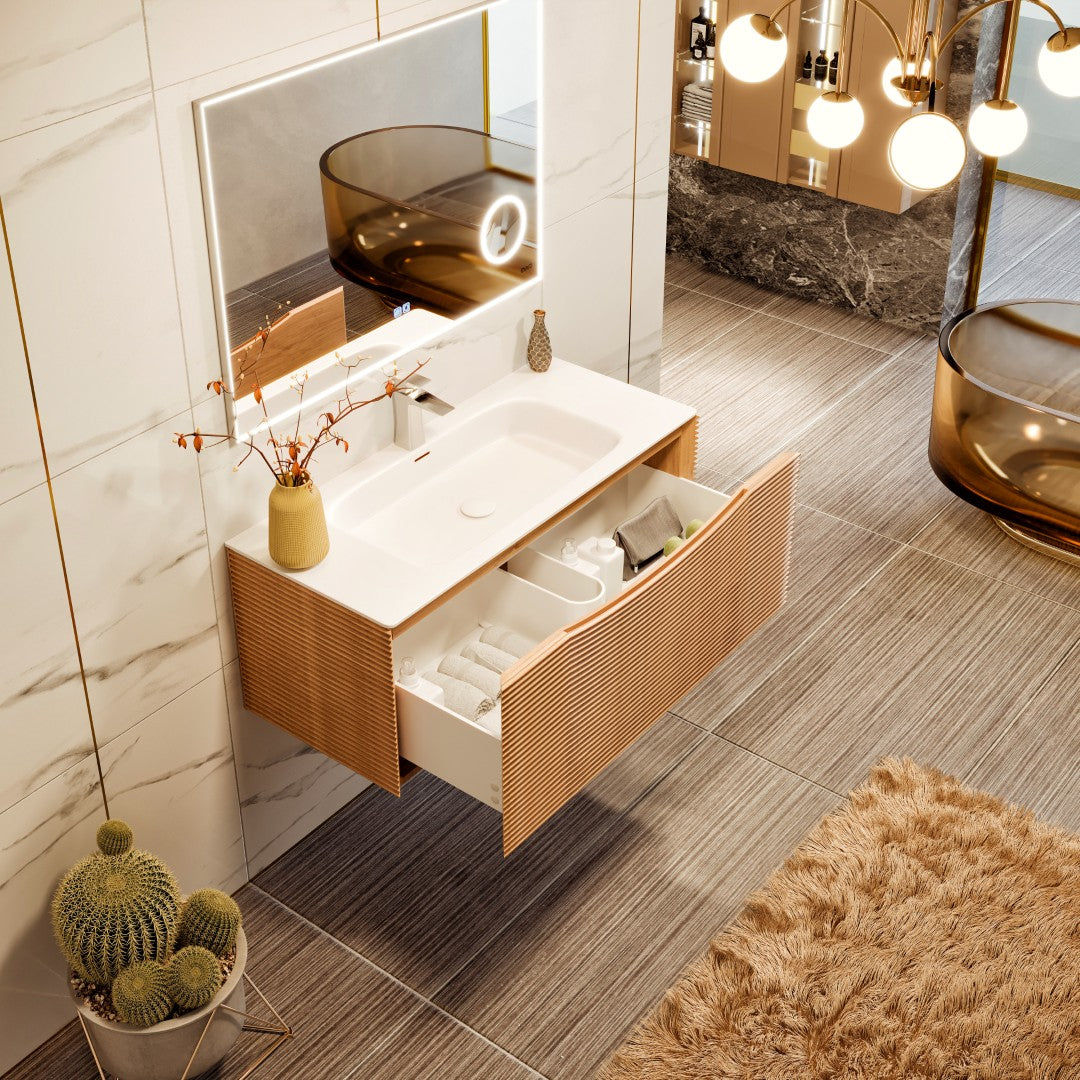 Leah 32 in. Medium Oak Wall Mount Single Sink Bath Vanity with Solid Surface Top and Integrated Sink