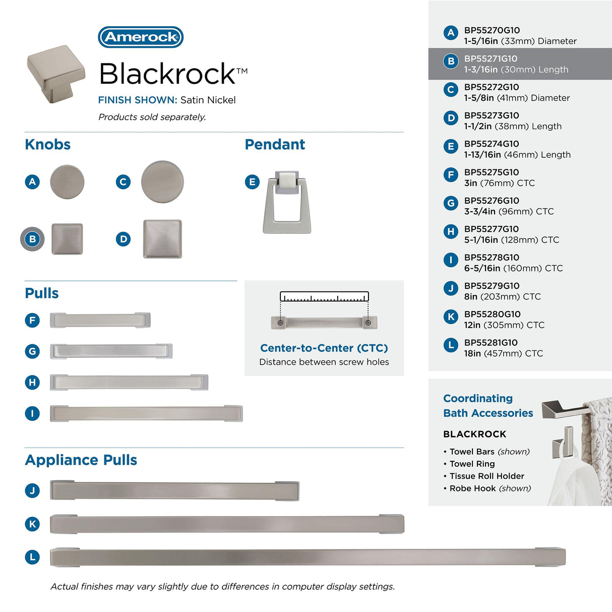 Amerock Cabinet Knob Satin Nickel 1-3/16 inch (30 mm) Length Blackrock 1 Pack Drawer Knob Cabinet Hardware
