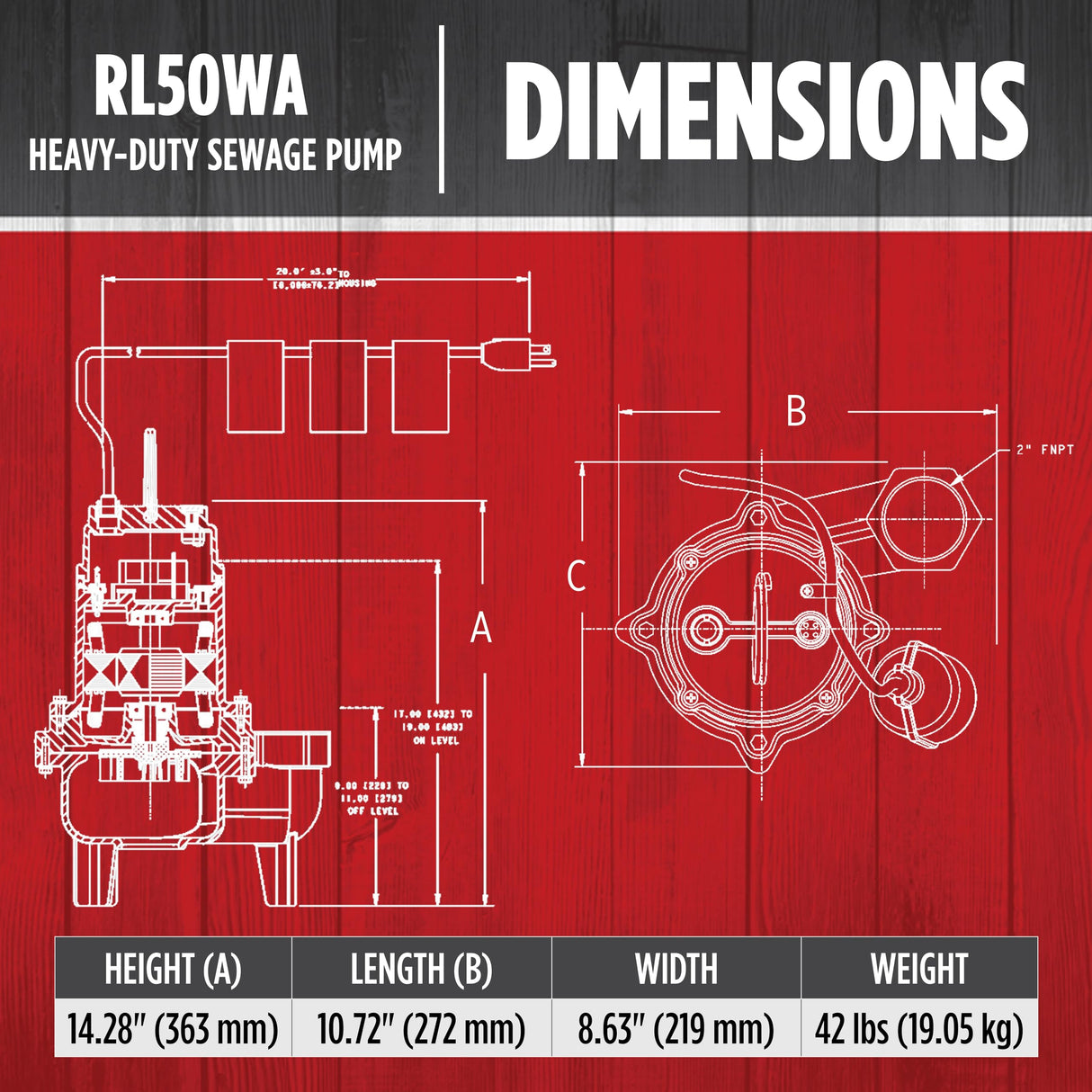 Red Lion RL50WA 115 Volt, 1/2 HP, 7200 GPH Sewage Pump with Piggyback Tethered Switch and 20-Ft. Power Cord, Red, 14942663