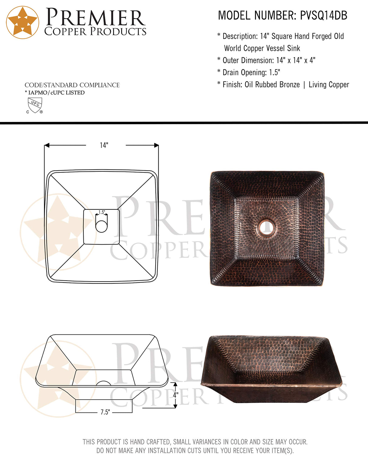 Premier Copper Products PVSQ14DB 14-Inch Square Hand Forged Old World Copper Vessel Sink