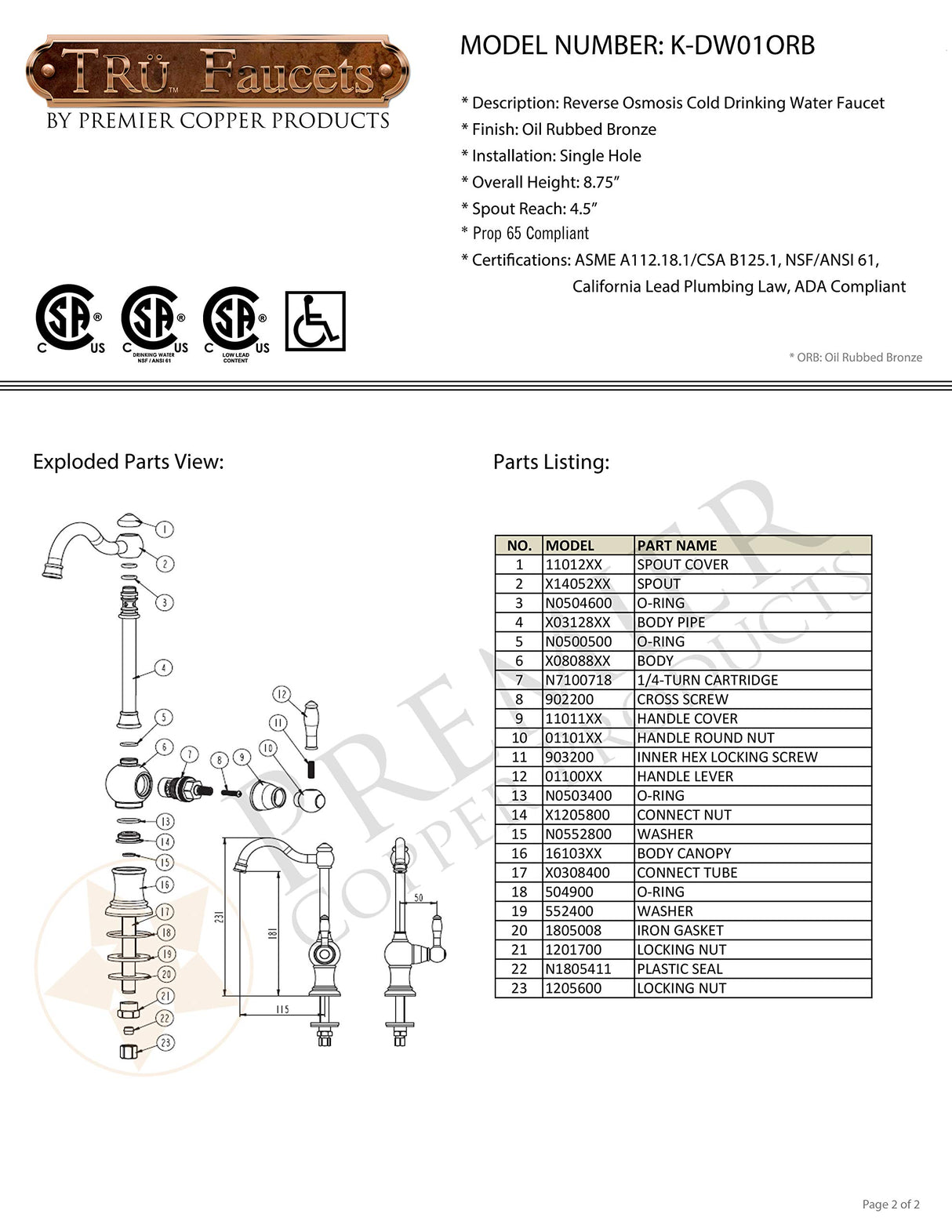 Premier Copper Products K-DW01ORB Reverse Osmosis Cold Drinking Water Faucet in Oil Rubbed Bronze