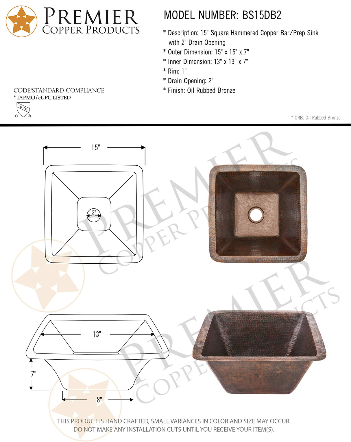 Premier Copper Products BS15DB2 15-Inch Universal Square Hammered Copper Bar Sink with 2-Inch Drain Size, Oil Rubbed Bronze