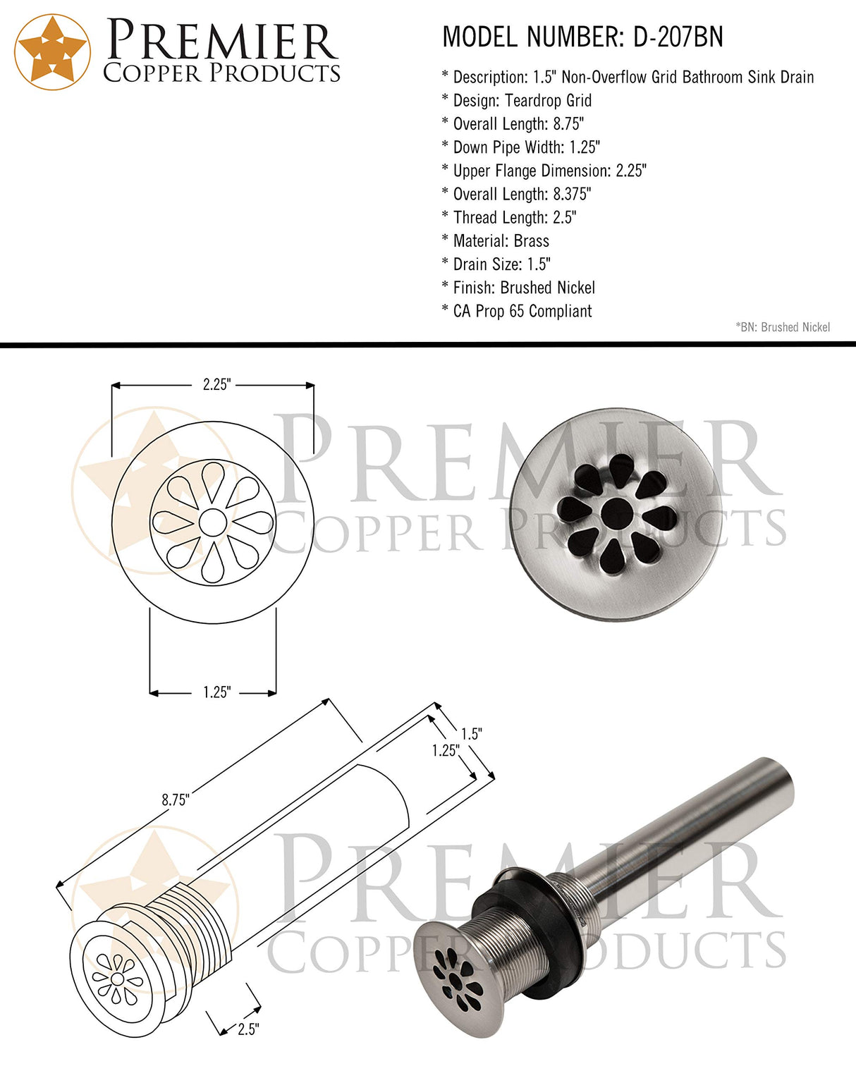 Premier Copper Products D-207BN 1.5-Inch Non-Overflow Grid Bathroom Sink Drain - Brushed Nickel