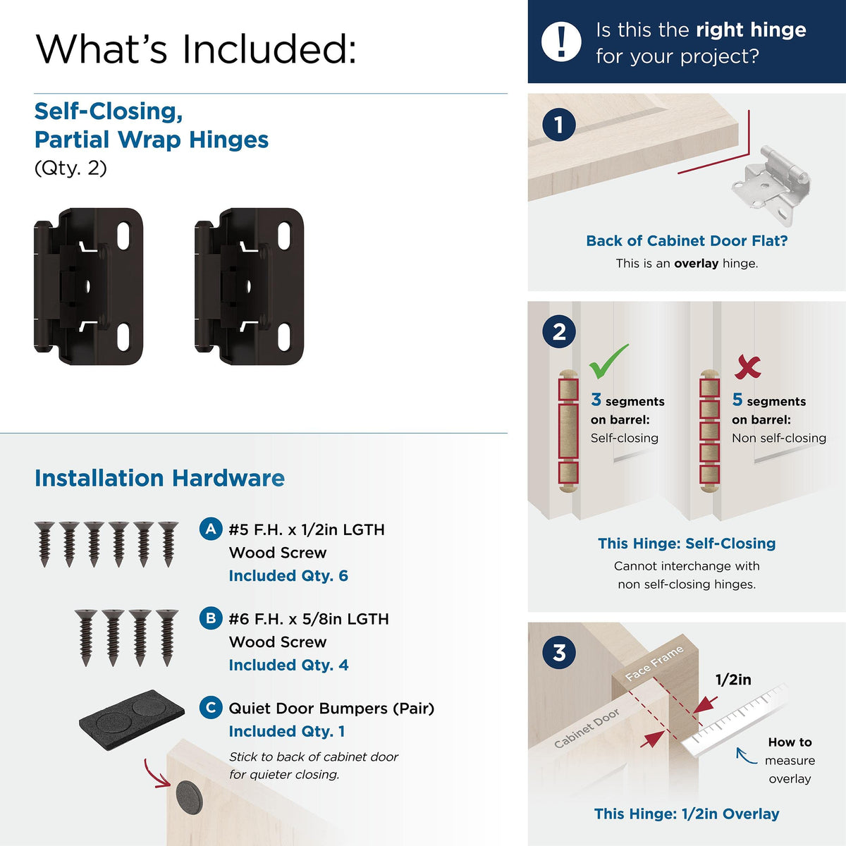 Amerock Cabinet Hinge 1/2 inch (13 mm) Overlay Hinge Oil Rubbed Bronze 2 Pack Self-Closing Hinge Partial Wrap Hinge Cabinet Door Hinge
