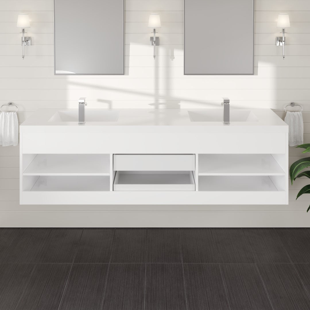 Lugano 72 in. White Wall Mount Double Sink Bath Vanity with Acrylic Top and Integrated Sinks