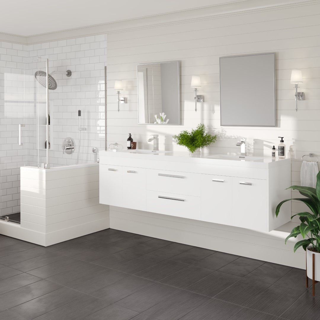 Lugano 72 in. White Wall Mount Double Sink Bath Vanity with Acrylic Top and Integrated Sinks