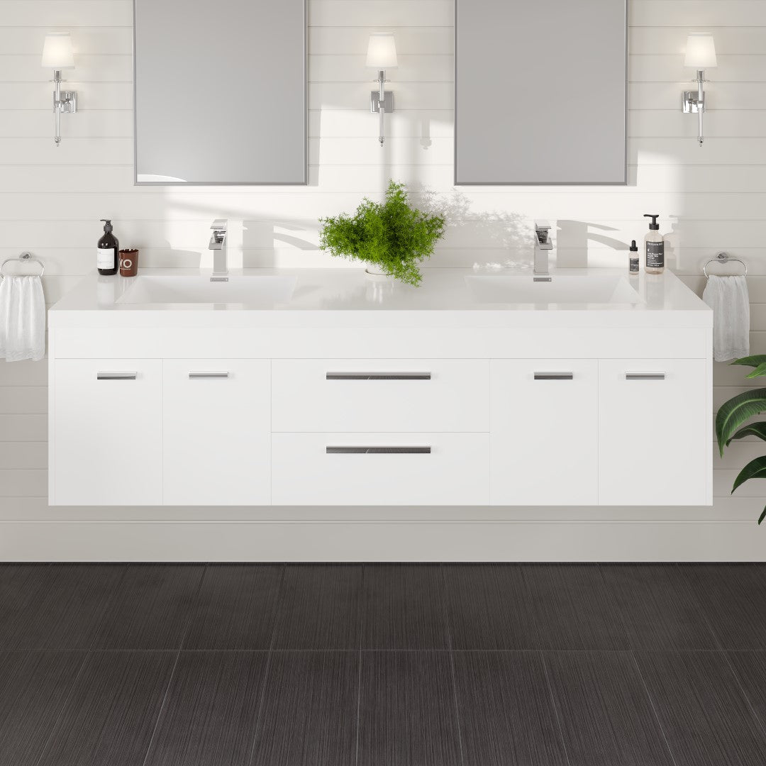 Lugano 72 in. White Wall Mount Double Sink Bath Vanity with Acrylic Top and Integrated Sinks