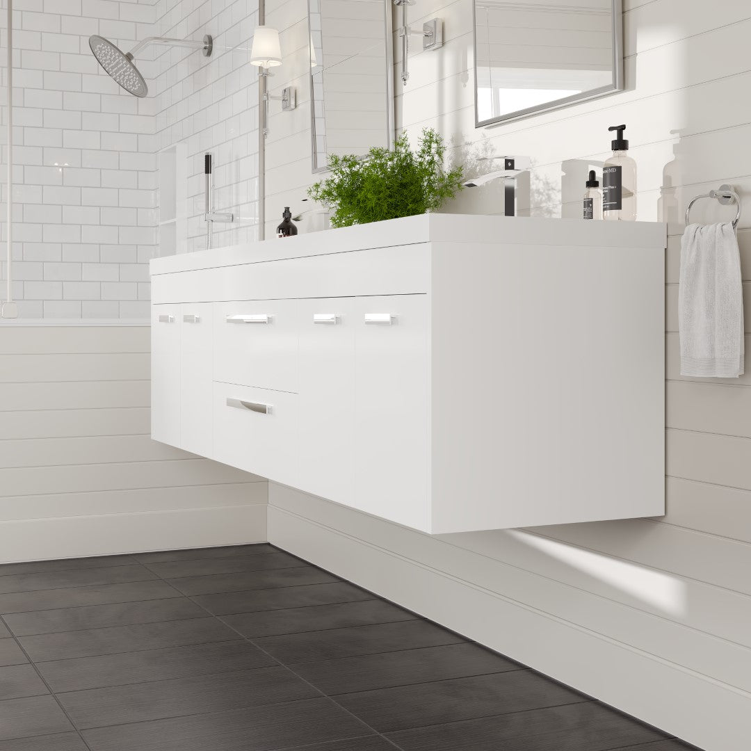 Lugano 72 in. White Wall Mount Double Sink Bath Vanity with Acrylic Top and Integrated Sinks