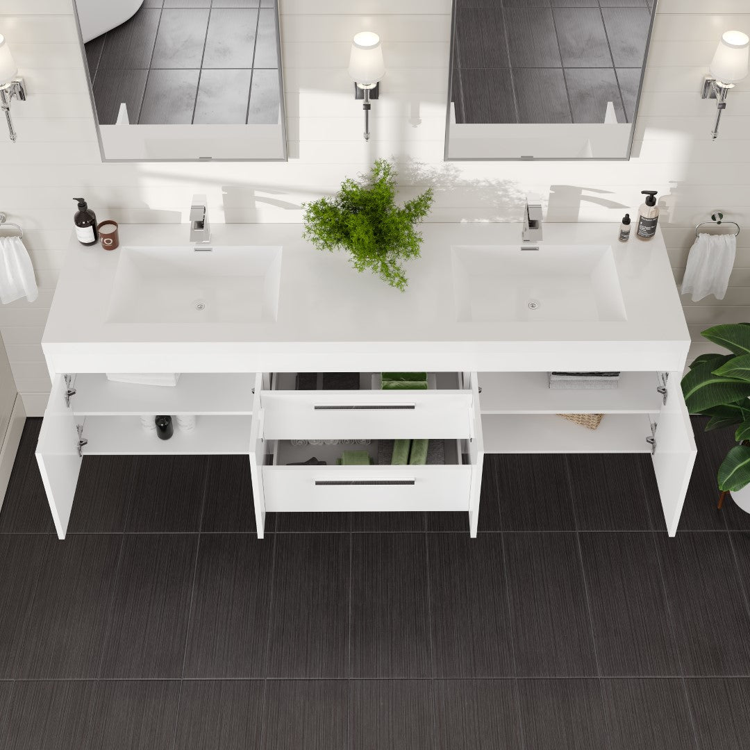 Lugano 72 in. White Wall Mount Double Sink Bath Vanity with Acrylic Top and Integrated Sinks