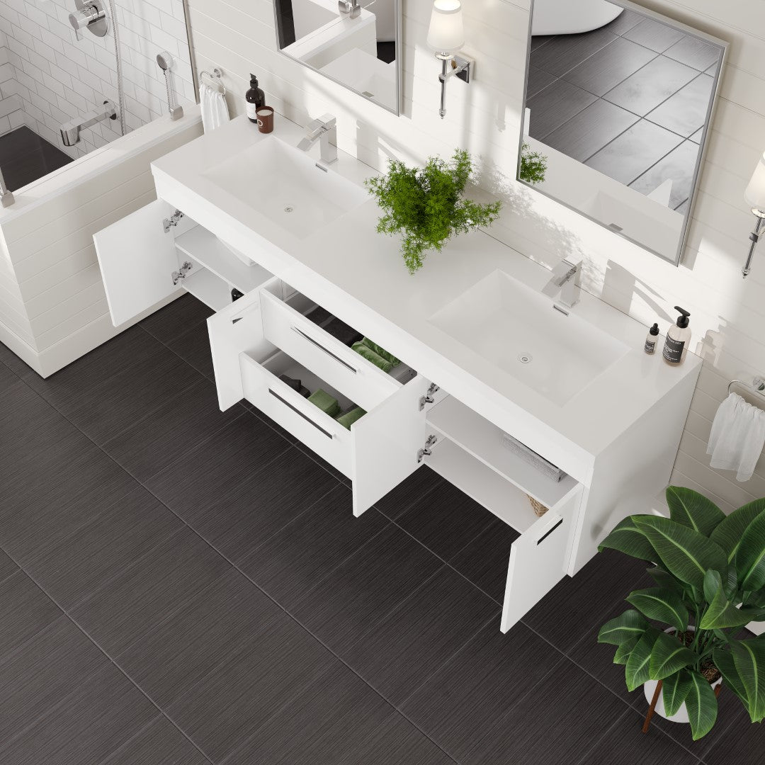 Lugano 72 in. White Wall Mount Double Sink Bath Vanity with Acrylic Top and Integrated Sinks