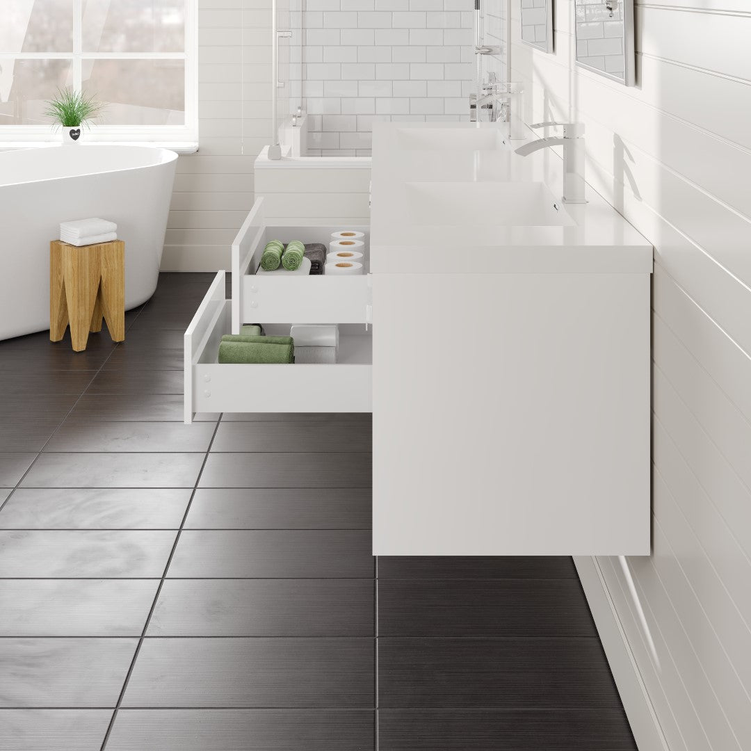 Lugano 72 in. White Wall Mount Double Sink Bath Vanity with Acrylic Top and Integrated Sinks