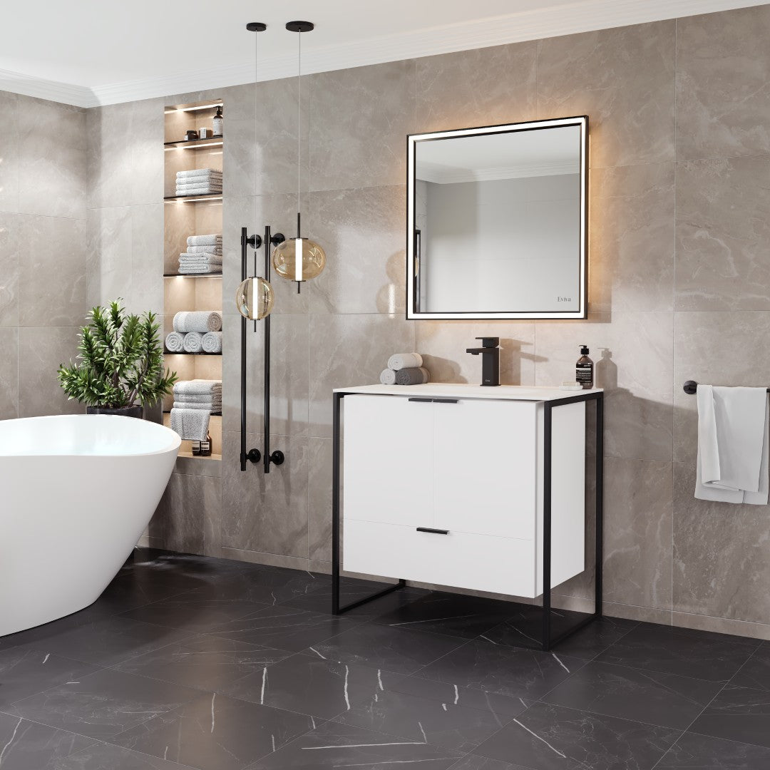 Onyx 34 in. White Wall Mount Single Sink Bath Vanity with Solid Surface Top and Integrated Sink